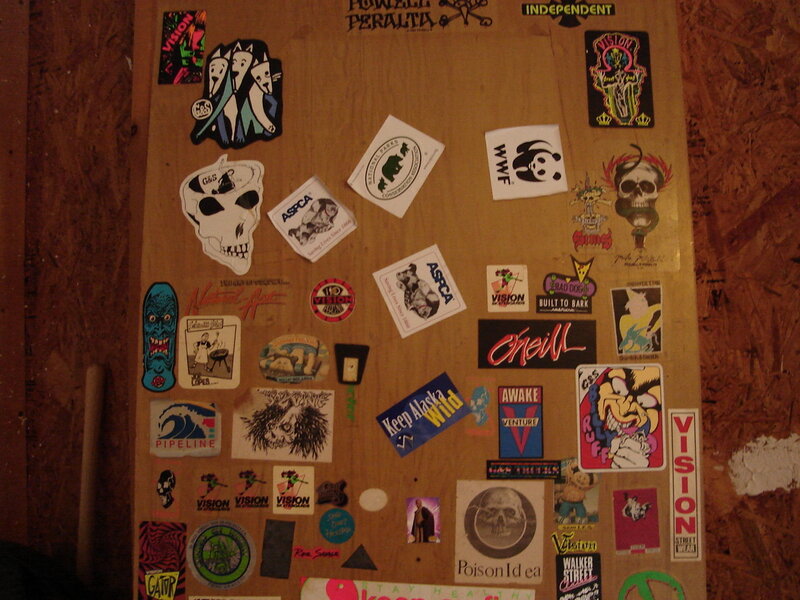 stickers on a wooden board