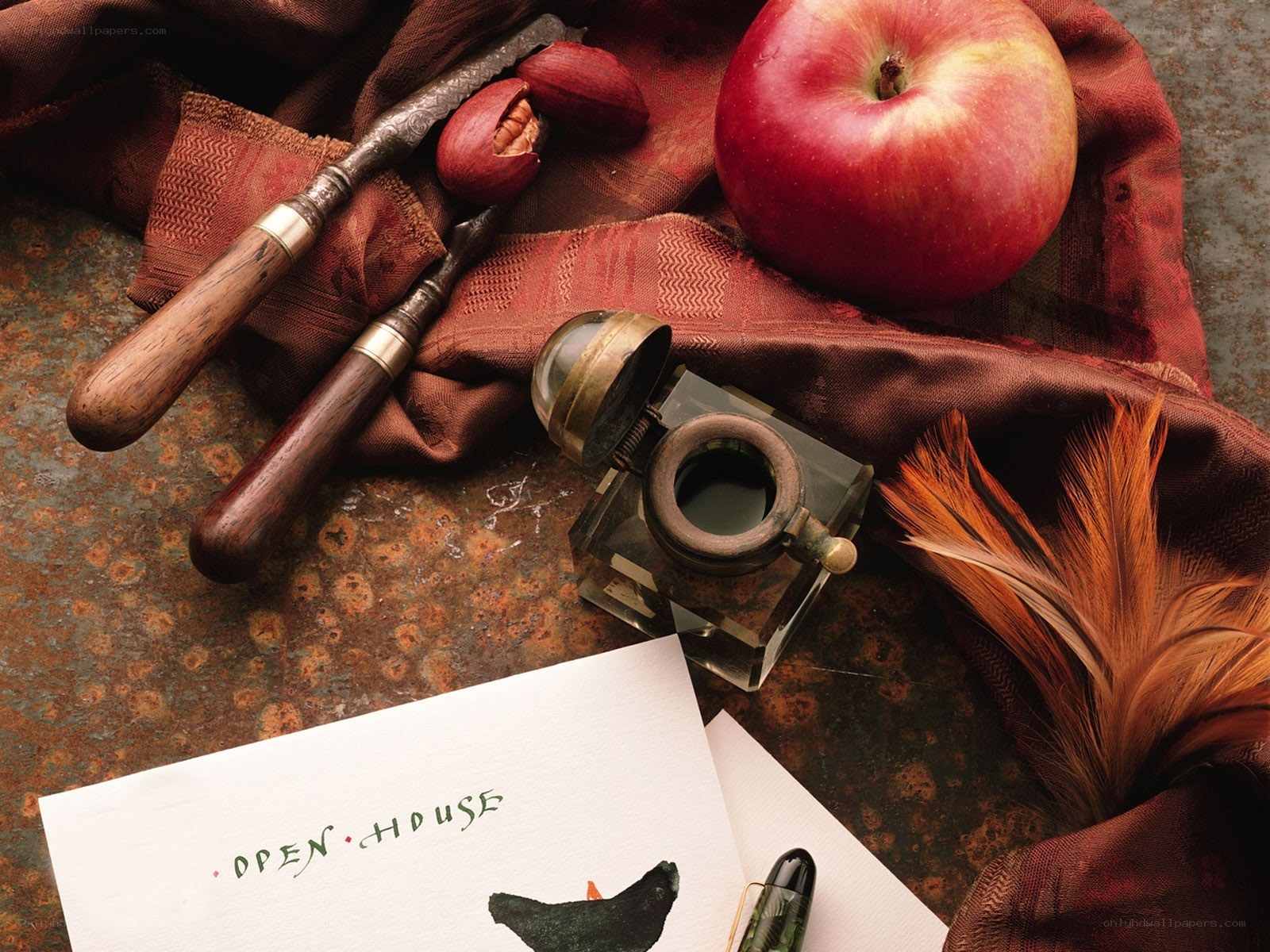 Still life with apple and quill