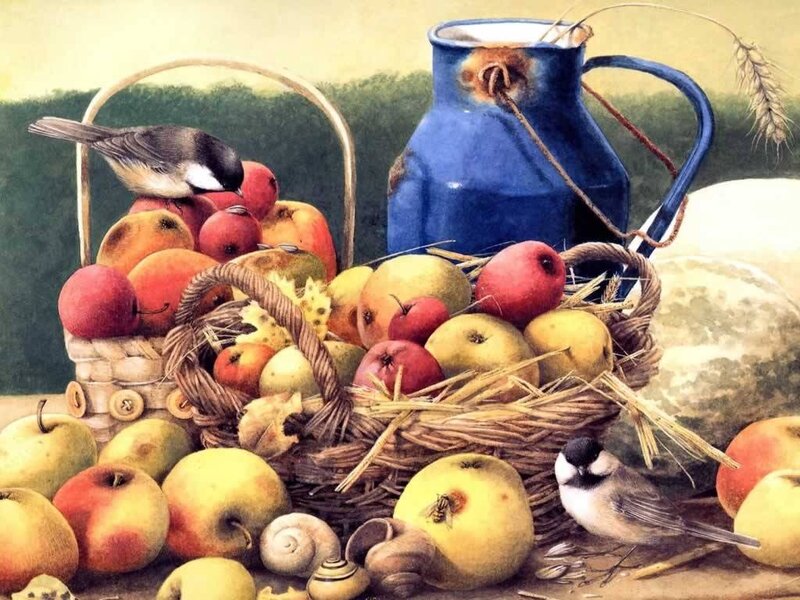 Still life with apples and birds