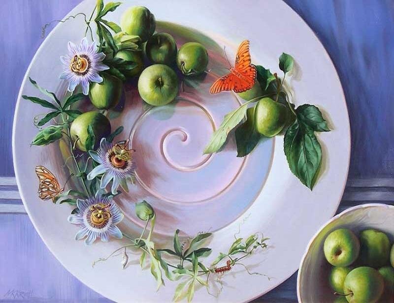 Still life with apples and butterflies