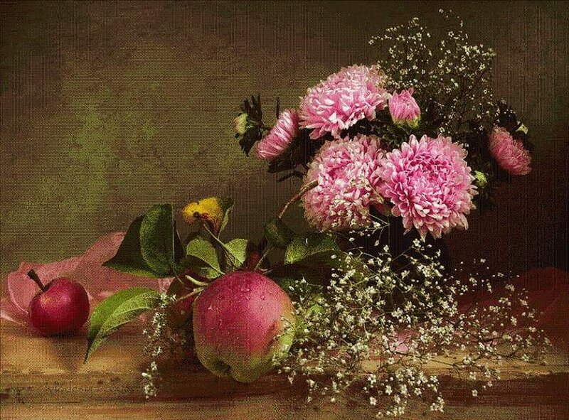 Still Life with Apples and Flowers — Pink