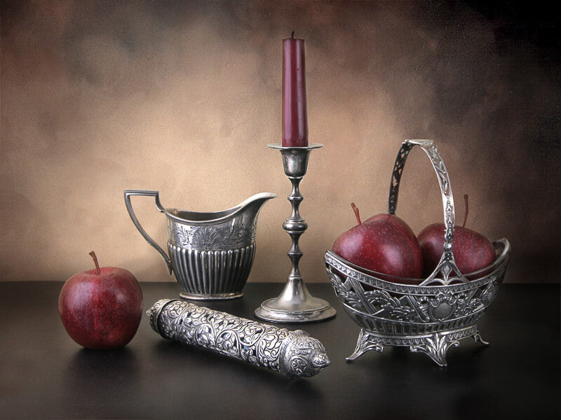 Still life with apples and silver