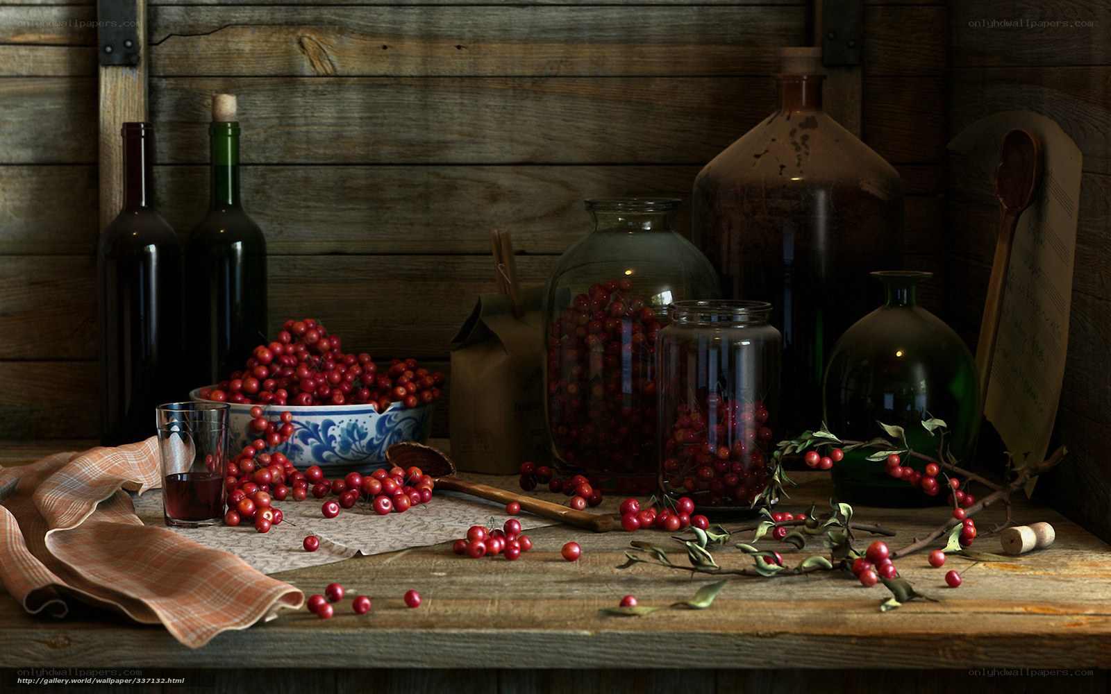 Still life with berries and bottles