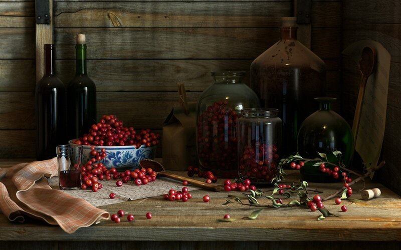 Still life with berries and bottles