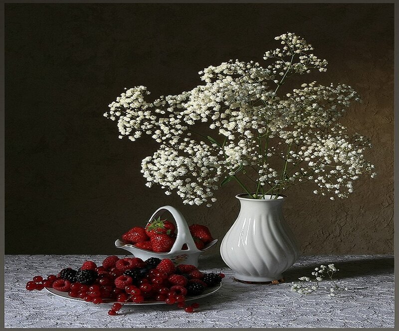 Still life with berries and flowers