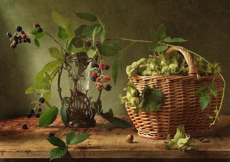 Still life with berries and hazelnuts