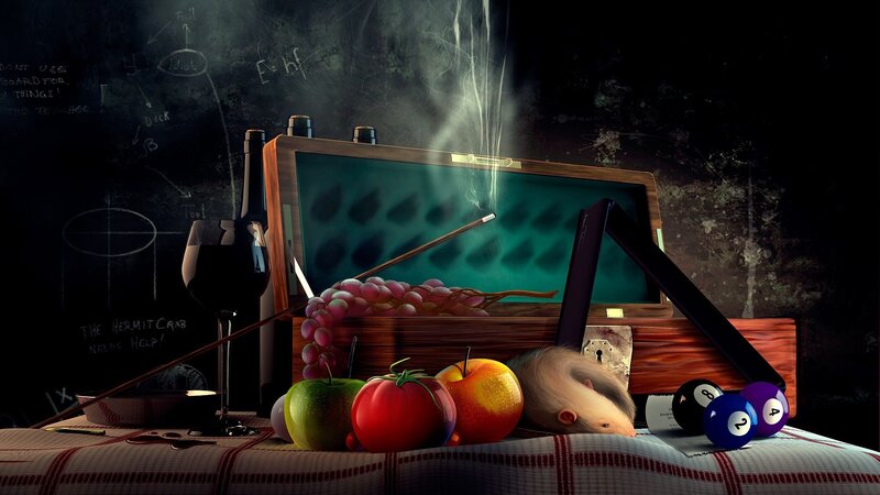 Still life with billiards and fruit