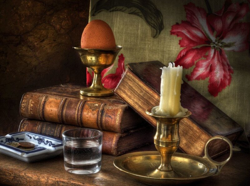 Still life with books and candle