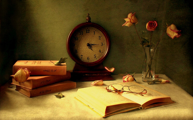 Still Life with Books and Clock — Brown, Dramatic