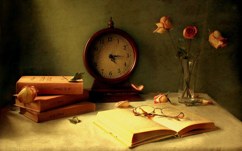 Still Life with Books and Clock — Brown
