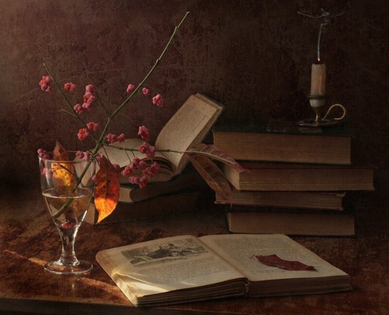 Still Life with Books and Flowers — Brown