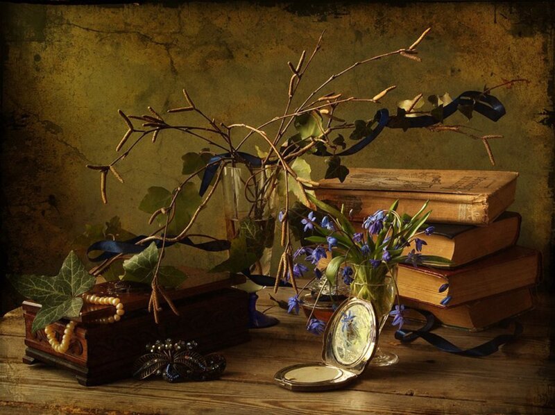 Still life with books and flowers