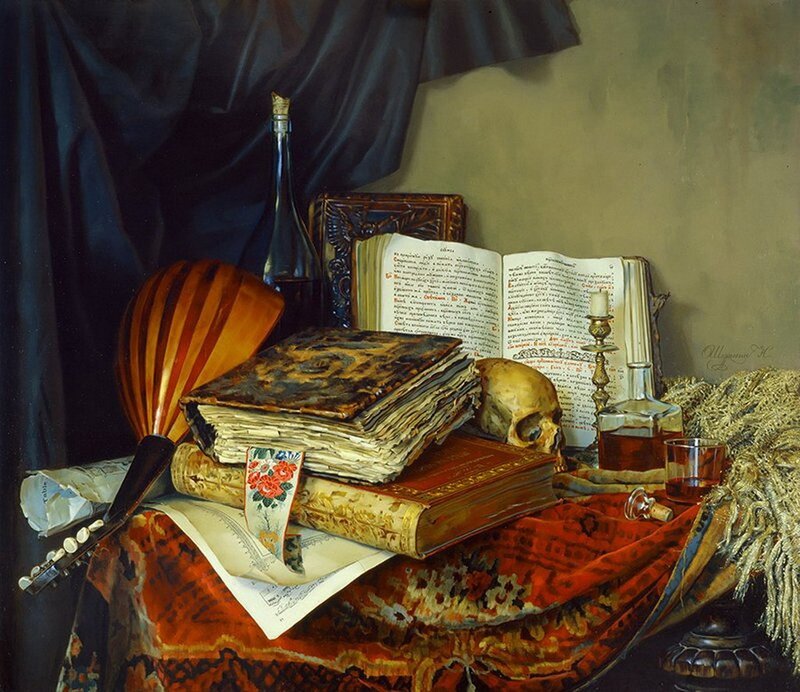 Still life with books and skull