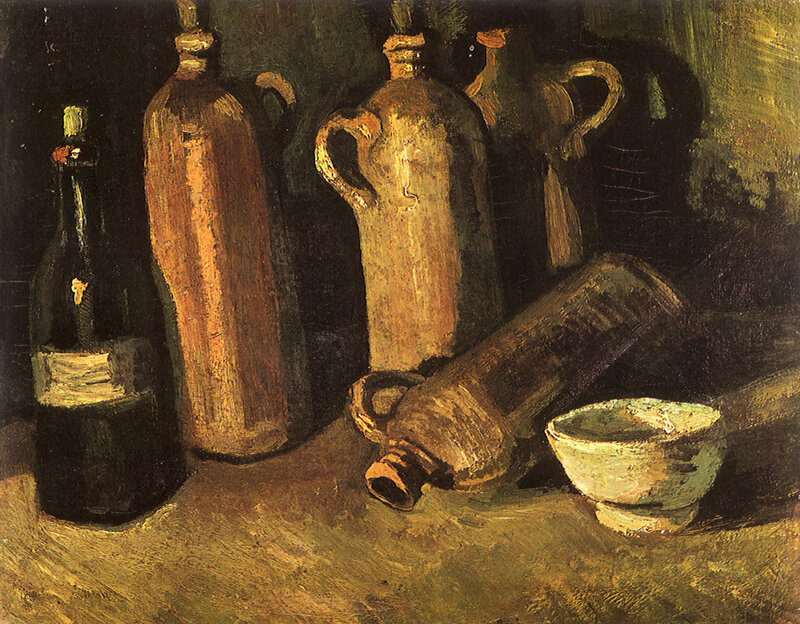 Still life with bottles and a bowl