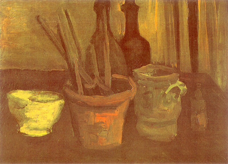 Still life with bottles and bowls