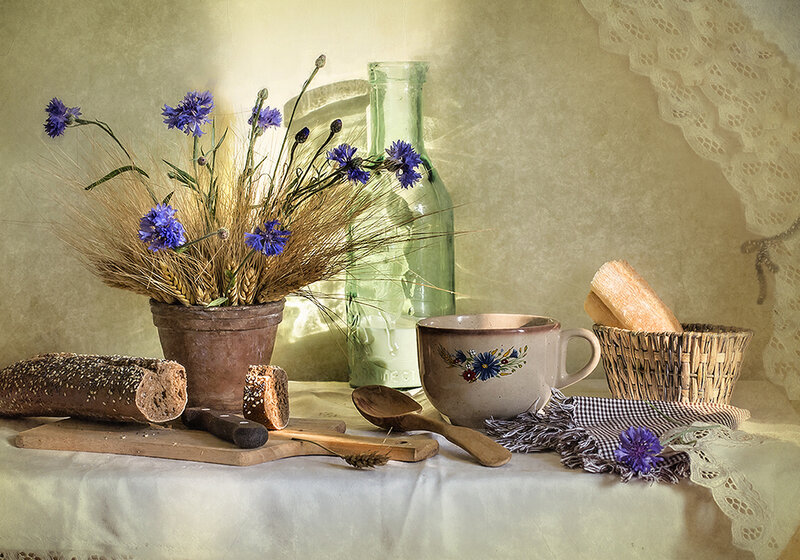 Still Life with Bread and Flowers — Beige