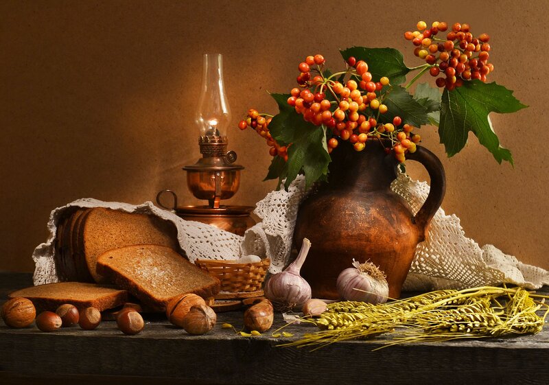Still Life with Bread and Fruit — Brown, Dramatic