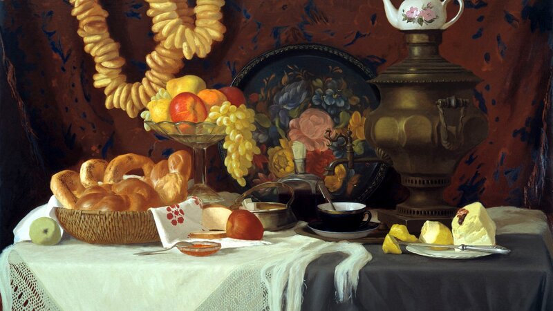 Still Life with Bread and Fruit — Brown
