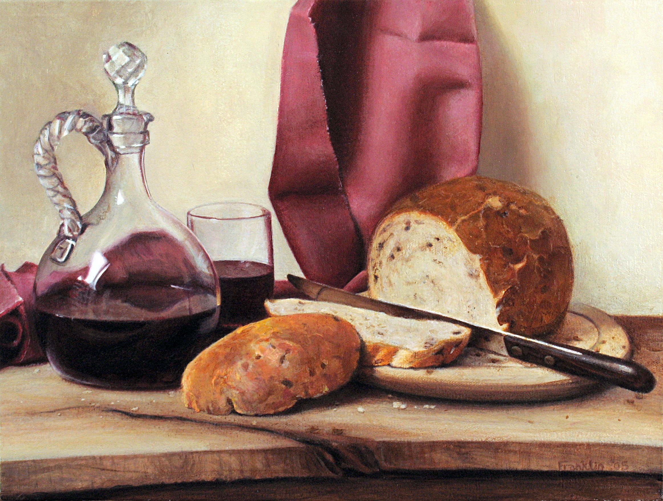 Still life with bread and wine