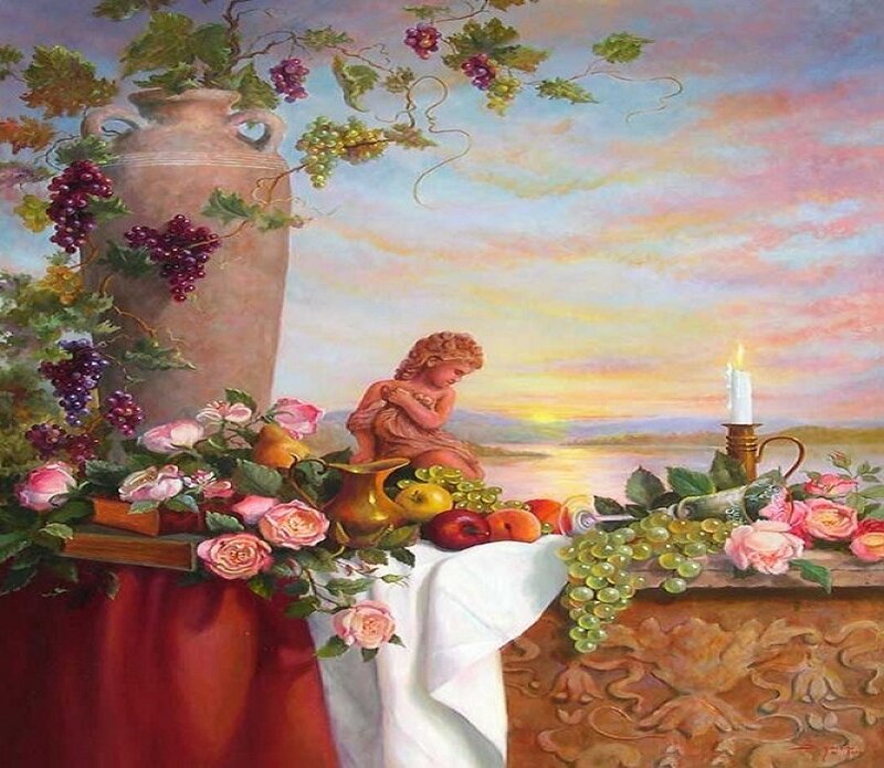 Still life with cherub and fruit