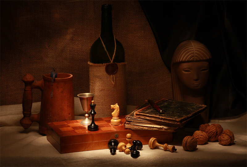 Still life with chess and wine