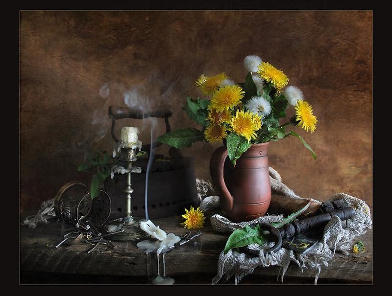 Still life with dandelions and iron