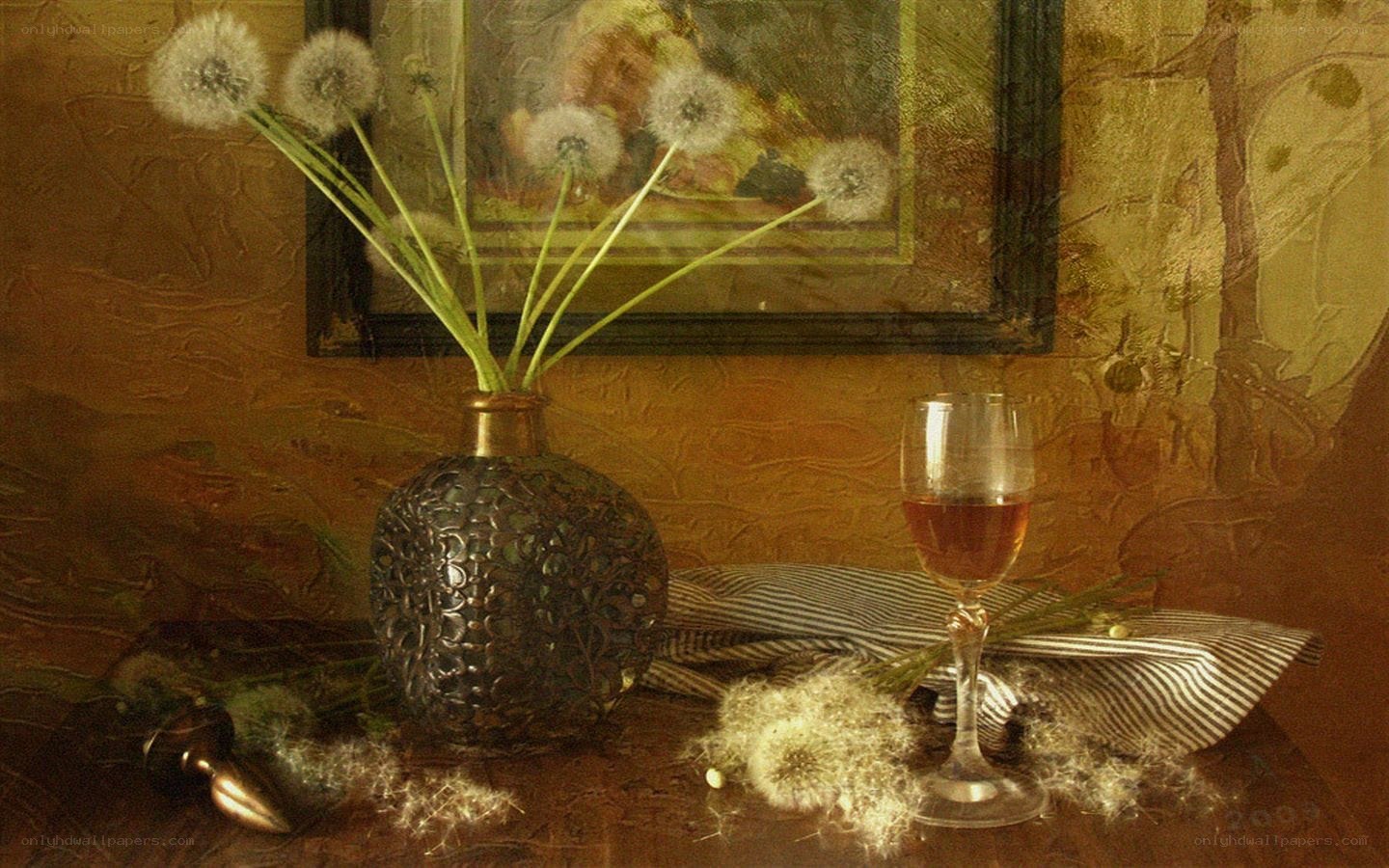Still life with dandelions and wine