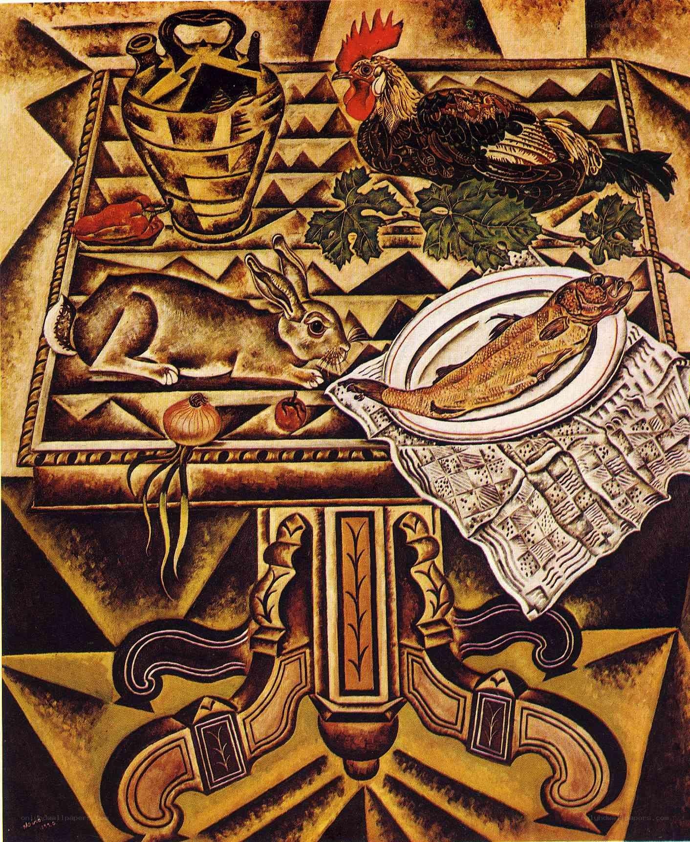 Still life with fish and animals