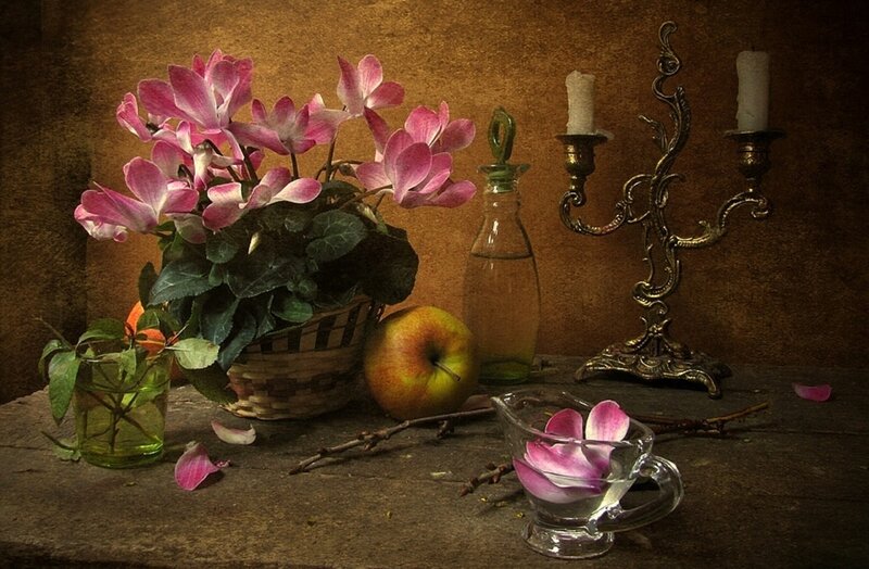Still Life with Flowers and Apple — Brown