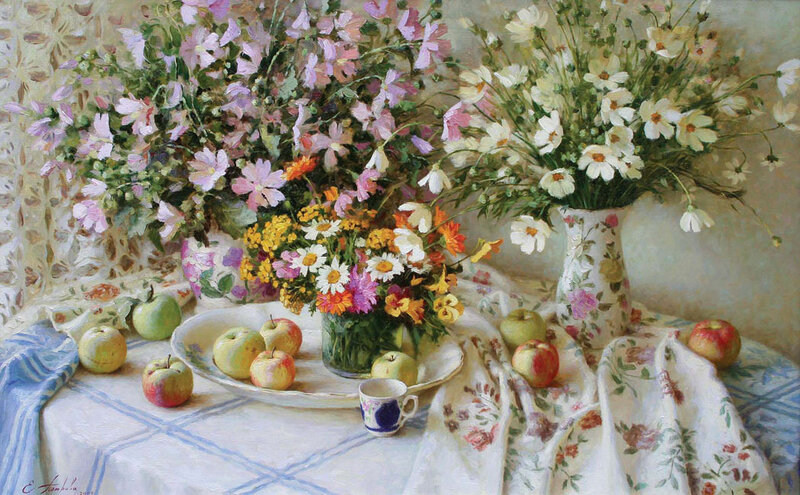 Still life with flowers and apples