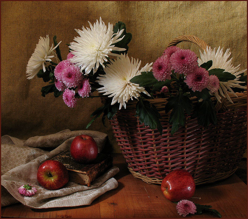 Still life with flowers and apples