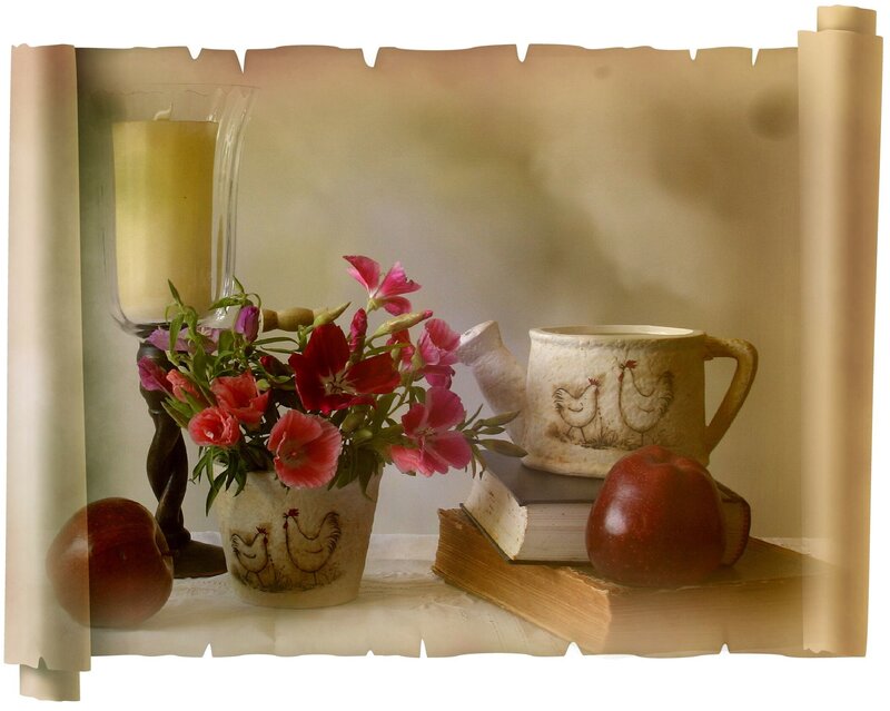 Still Life with Flowers and Apples — Beige