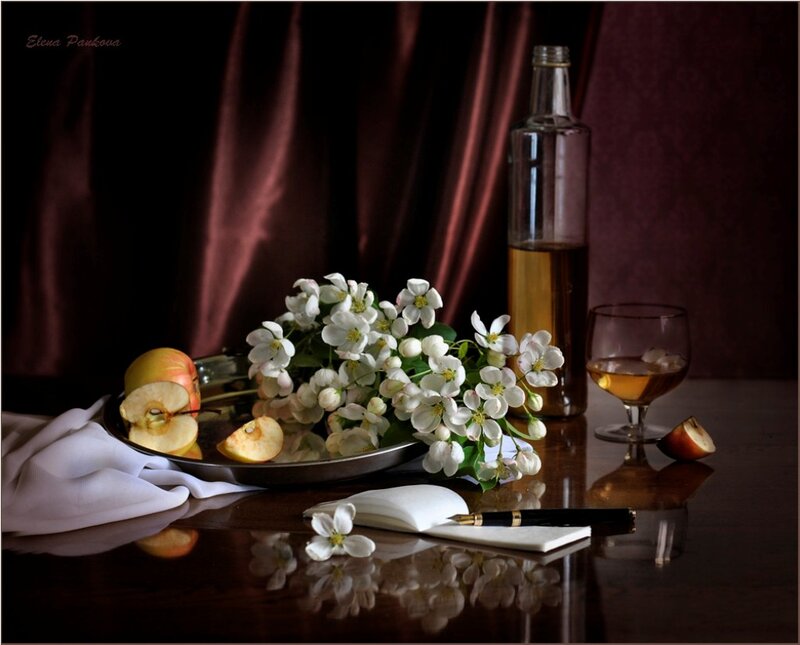 Still Life with Flowers and Apples — Brown, Dramatic, Photograph, Bottle
