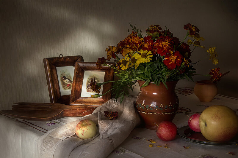 Still Life with Flowers and Apples — Brown, Dramatic, Photograph