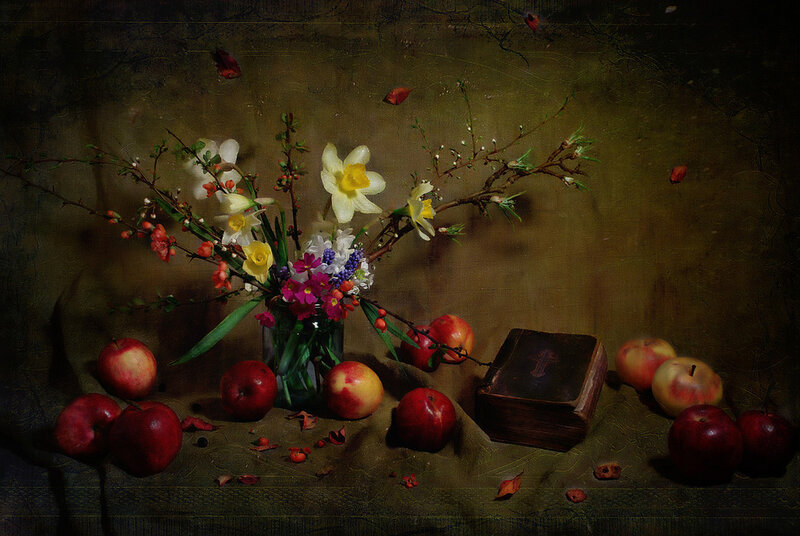 Still Life with Flowers and Apples — Brown, Dramatic