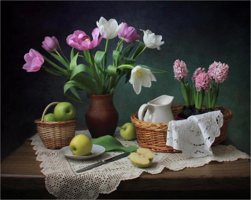 Still Life with Flowers and Apples — Green, Serene