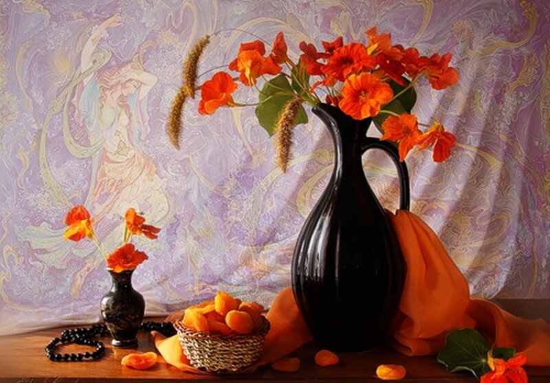 Still life with flowers and apricots