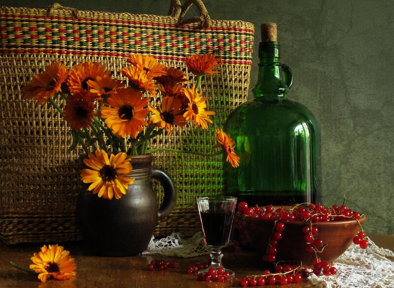 Still Life with Flowers and Berries — Green