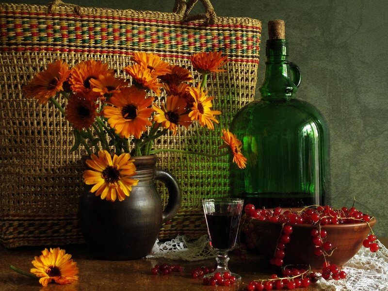 Still life with flowers and berries