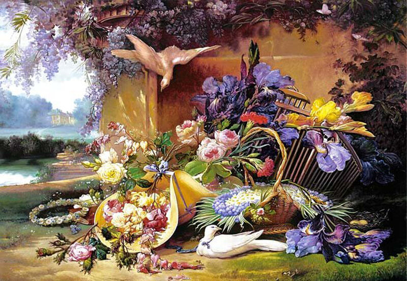 Still Life with Flowers and Birds — Purple, Serene, Afternoon
