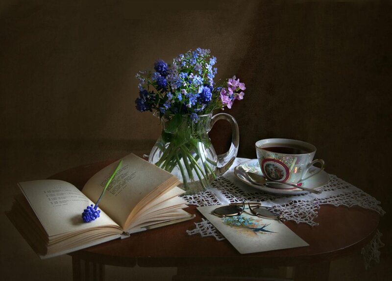Still Life with Flowers and Book — Brown, Serene, Photograph, Tea Cup