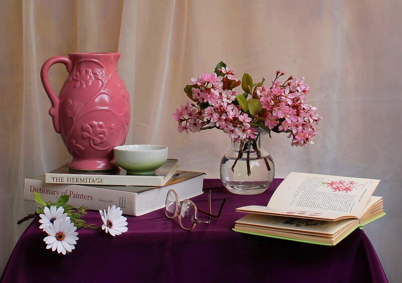 Still Life with Flowers and Books — Purple