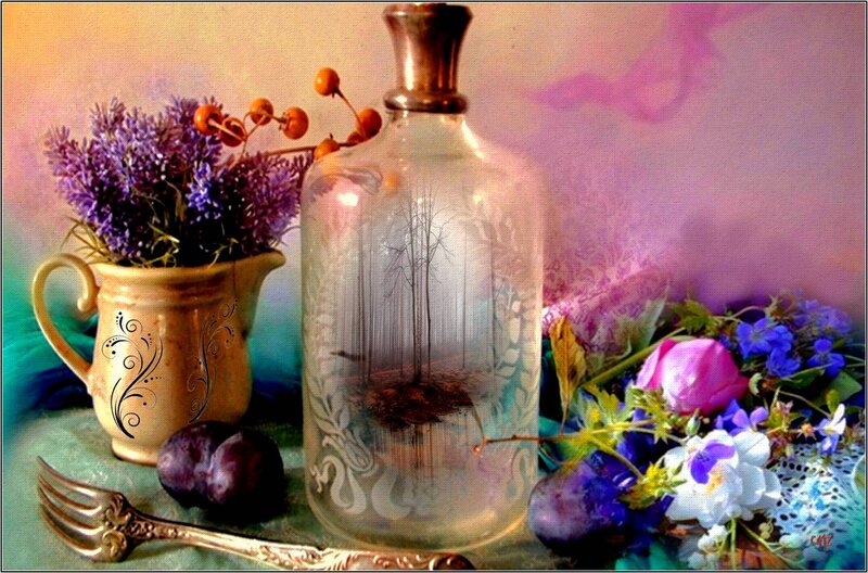 Still Life with Flowers and Bottle — Purple
