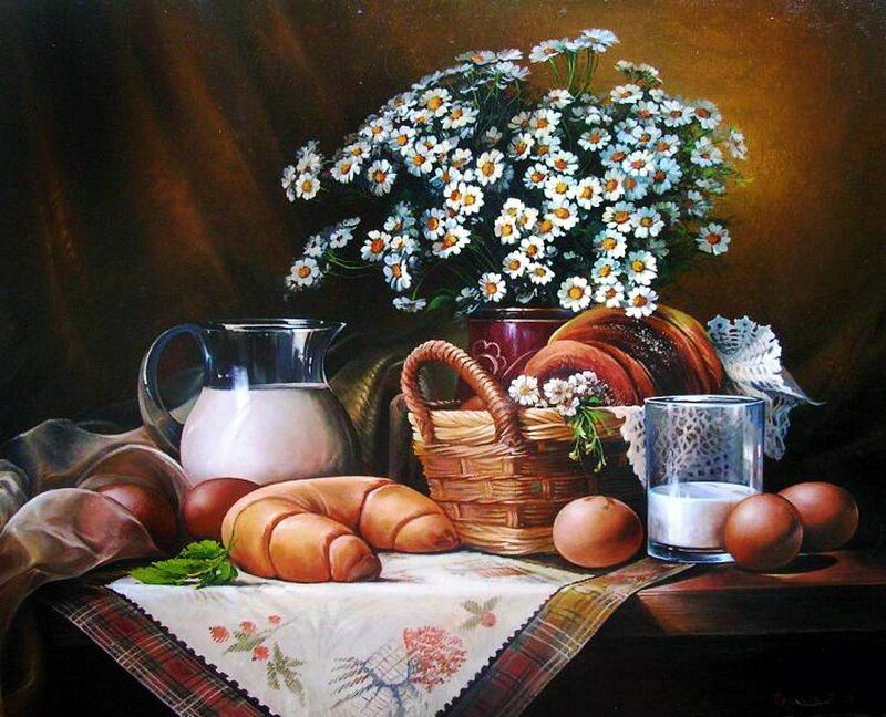 Still Life with Flowers and Bread — Brown