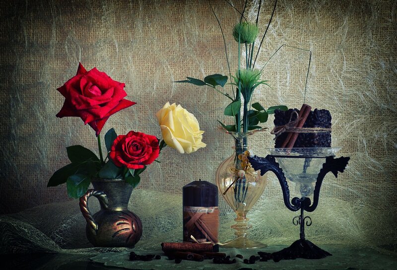 Still Life with Flowers and Candle — Red