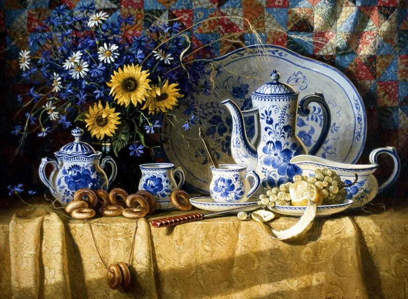 Still Life with Flowers and Ceramics — Blue