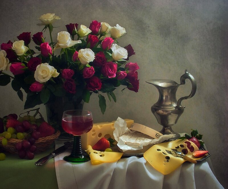 Still Life with Flowers and Cheese — White