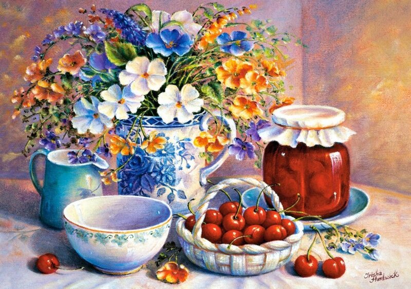 Still Life with Flowers and Cherries — Blue