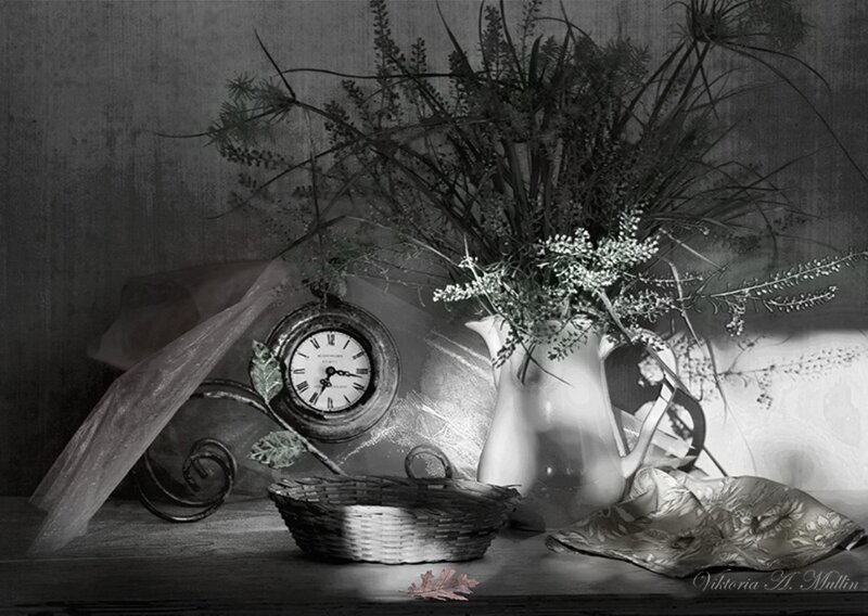 Still Life with Flowers and Clock — Black