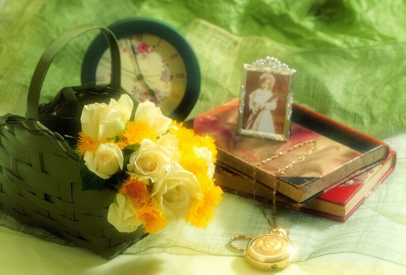 Still life with flowers and clock
